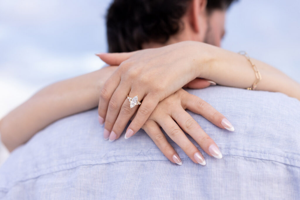 marquis Ring shot of newly engaged couple